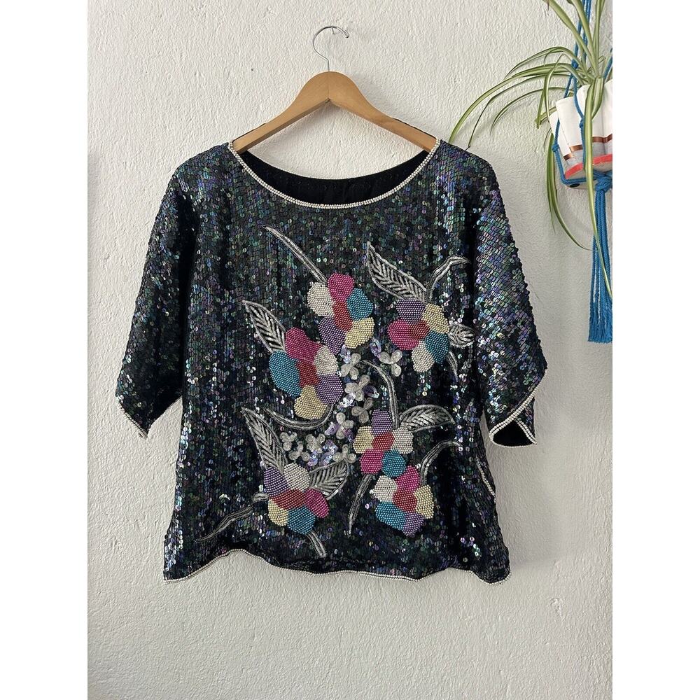 Vintage Sequined Top Black Pearls Beaded Party Club Lightly Padded Blouse